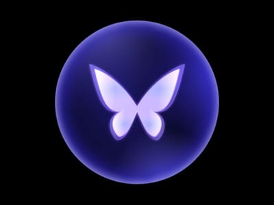 Glowing white butterfly icon inside a purple sphere on a black background